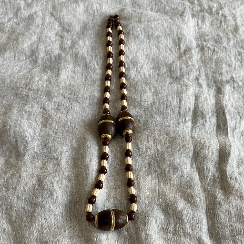 Unbranded Brown and Cream Wood Bead Necklace with Gold Accents